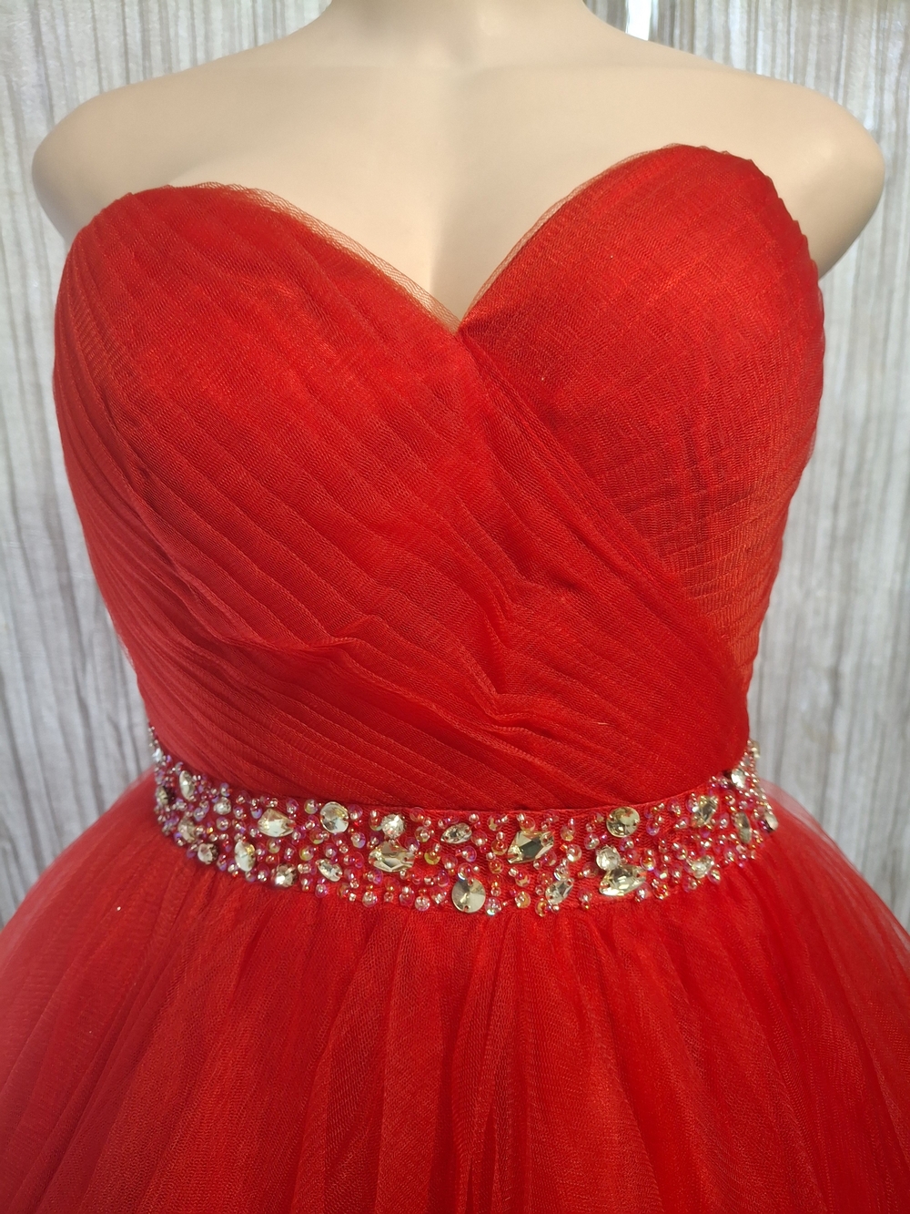 Strapless Red Tulle Evening Dress with Jeweled Waist